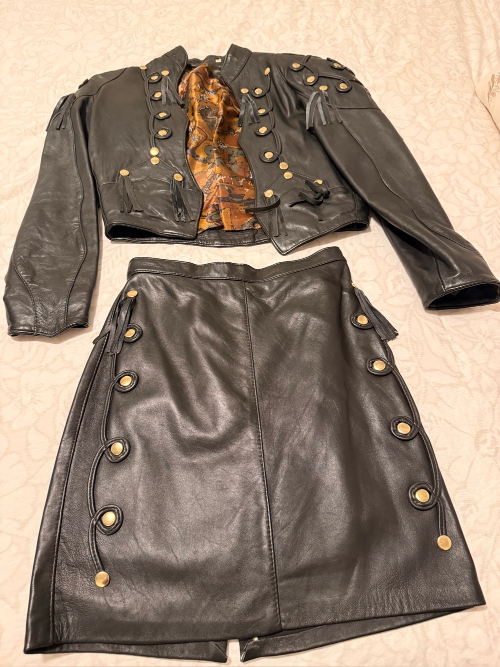 Black Leather Button-Accent Jacket and Skirt Set